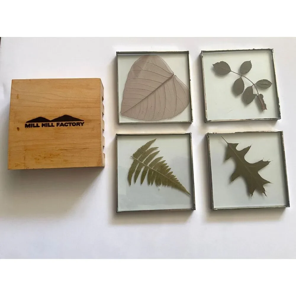 Mill Hill Silver & Pressed Leaves in Leaded Glass Coasters set of 4 w Wood Stand